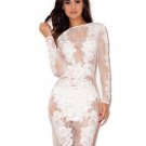 Mesh Summer Clubwear Fashion White Lace Stretch Long Sleeve Sexy Club Dress