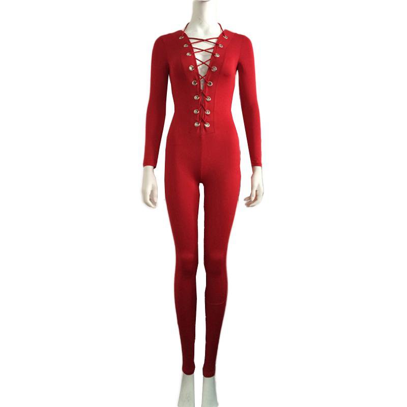 Sexy Skinny Onesies Red Long Sleeve Rompers Deep V-Neck Lace-Up Jumpsuits