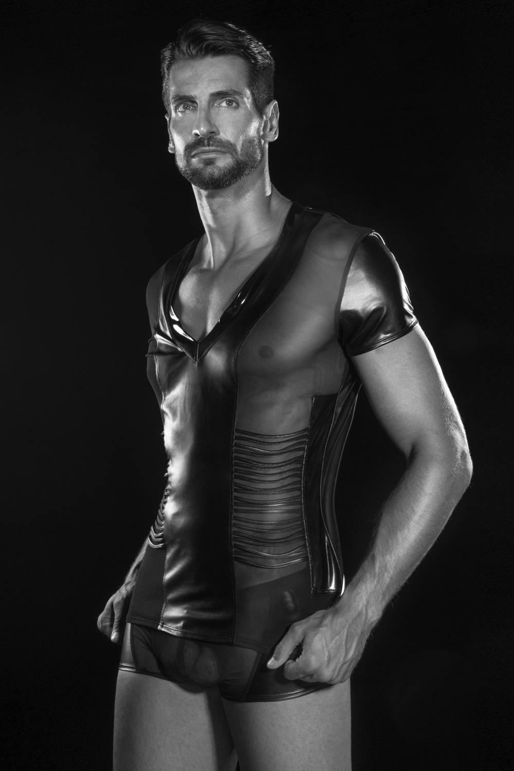 Sexy Black Boxer NOAH Mesh Faux Leather Man UnderShirt and Boxer Panties W850536