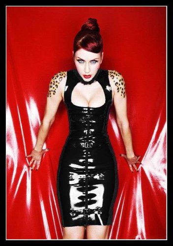 Black Vinyl Leather Body con Wet Look Turtle neck Sexy Dress W7943