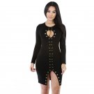 Autumn Spring Lace-Up Keyhole Bodycon Dress Black Fashion Dress Long Sleeve Mini Dresses