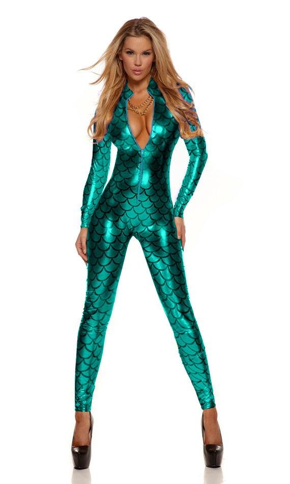 Sexy Metallic Fish Scales Mermaid Costume Fetish Bodysuit Green catsuit ...