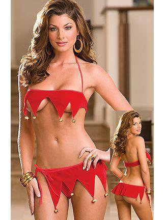 New Arrival Two Pieces Hot Christmas Tantalizing Jingle Bell Red Santa Lingerie Set W8529