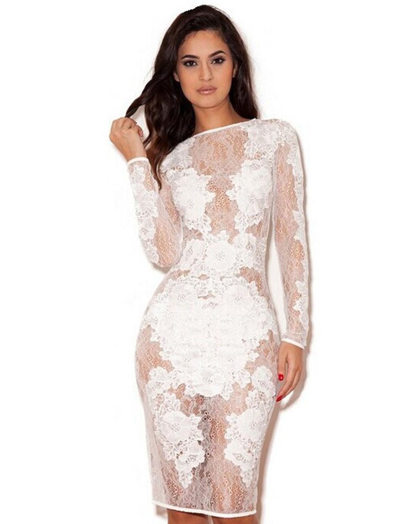 Where to buy Long Sleeve Mesh Sexy Party Dress Fashion White Lace Dresses