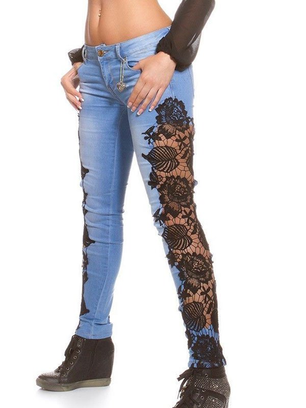 Plus Size 2XL Size Black Lace Patchwork Blue Denim Jeans Pants WT32623A