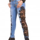 Plus Size 2XL Size Black Lace Patchwork Blue Denim Jeans Pants WT32623A