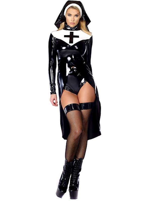 Halloween Cosplay Black Women Sexy Nun Costume Vinyl Leather Cosplay