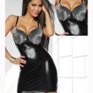 Spaghetti Strap Silver Rivet Women Black Faux Leather Disco Club Wear W7715A