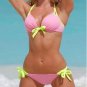 L Size Spaghetti Strap Pink Color Hot Sexy Bikini Set With Yellow Strap Ties W9438B