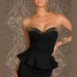 Hot Fashion Strapless Peplum Dresses Metallic Details Trim Sexy Black Mini Dress