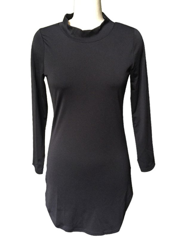 Sexy Stand-Up Collar Casual Dress M-2XL Size Long Sleeve Black Casual Dress Women