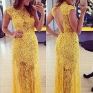 Tulle Lace Cocktail Dresses Transparent S/M/L/XL Size Yellow Open Back Prom Long Dress