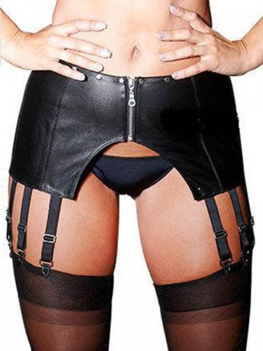 Black Sexy Vinyl Leather Garter Briefs Lingerie With Zippers Front W8612103