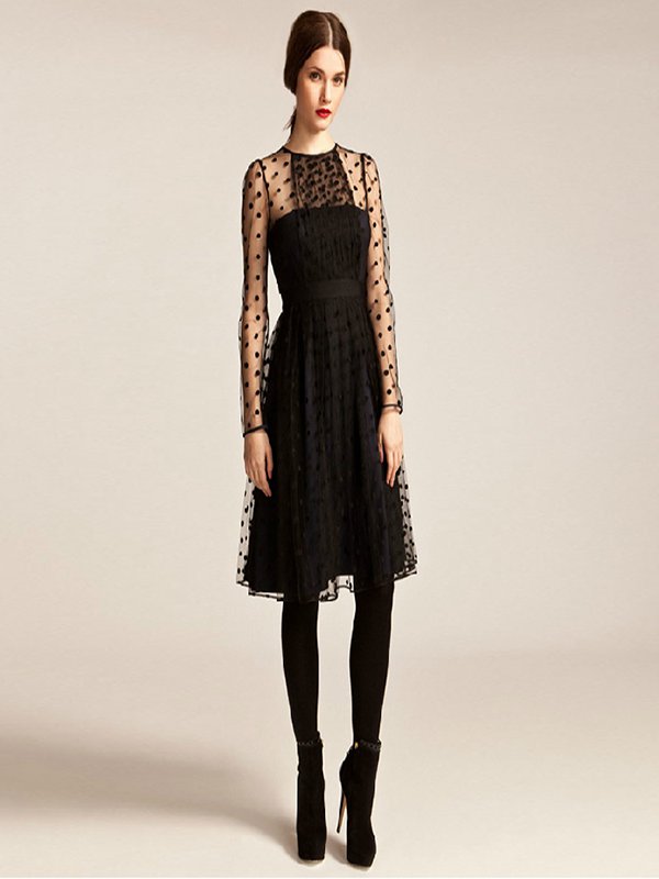 Long Mesh Sleeves Midi Dresses M-XXL Size Little Black Fashion Billow Drape Spring Dress
