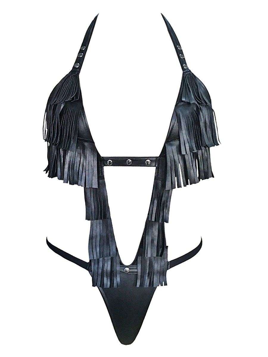 Sexy Fringe Bras Halter Style S Xxl Size Black Leather Lingerie With