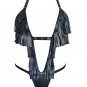 Sexy Fringe Bras Set Halter S-XXL Size Black Leather Lingerie With Grommets