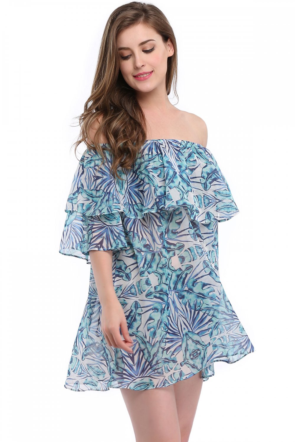 Fashion Off-shoulder Casual Dresses Blue Double Layer Ruffle Summer Beach Dress