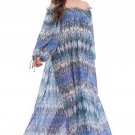 2020 Blue Long Sleeves Beach Dresses Off Shoulder Ruffle Trim Maxi Dress