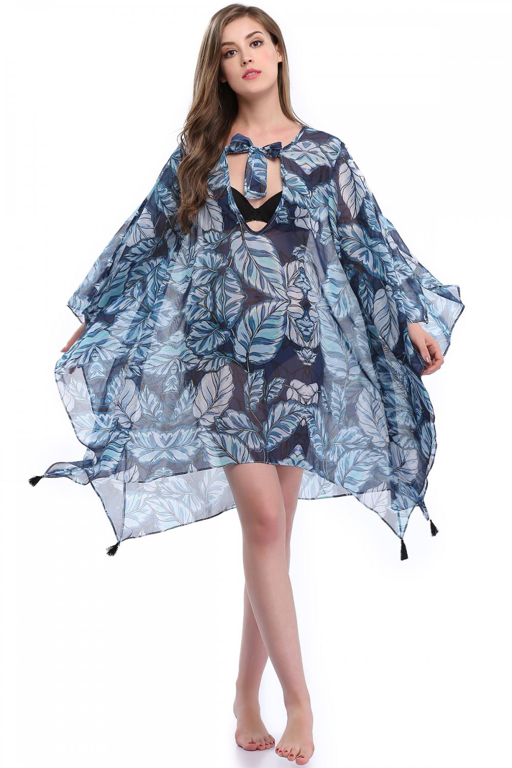 Strap Ties Front Boho Dresses S-XL Size Drape Sleeves Blue Fashion Beach Dress