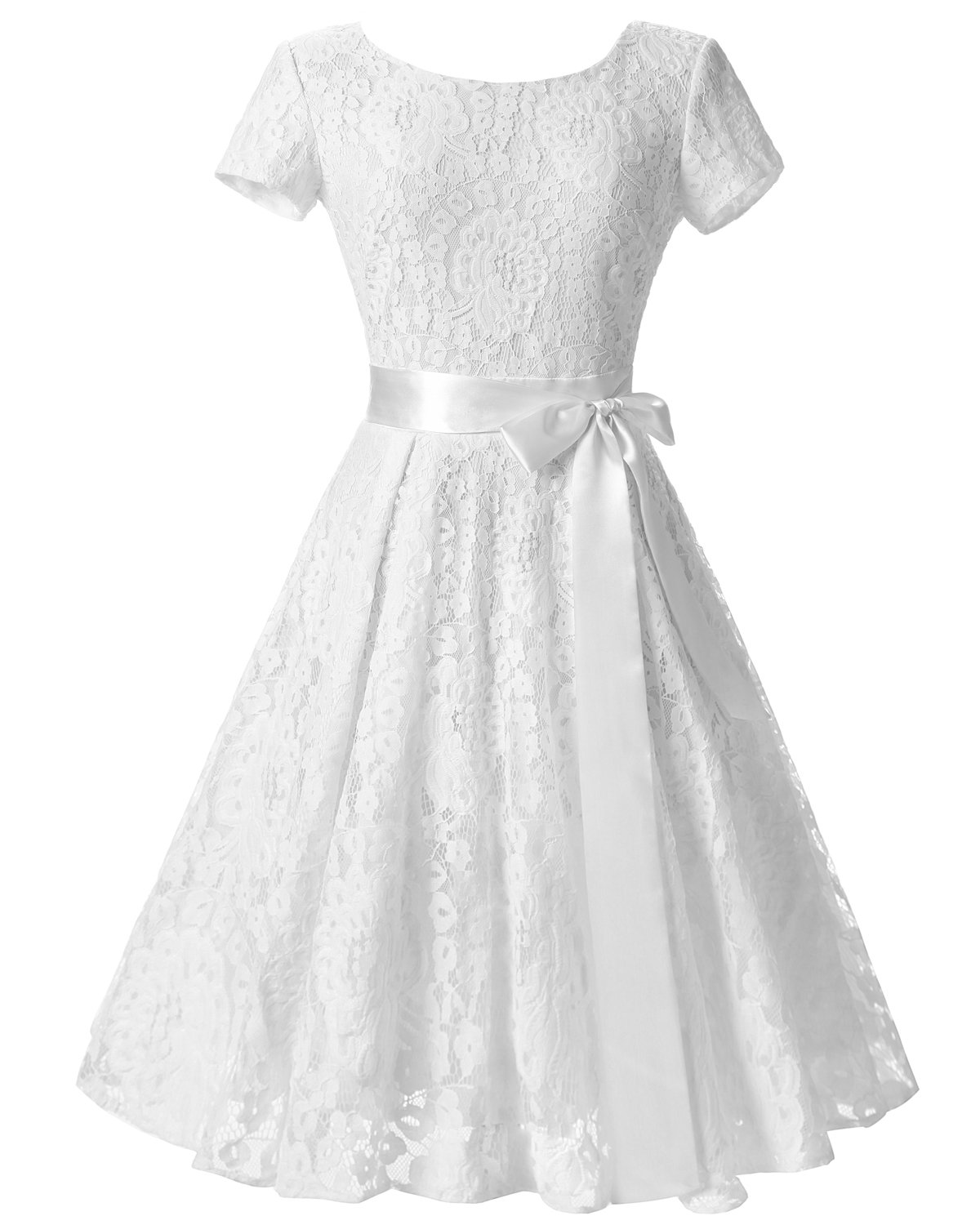 2020 Women White Lace Streetwear Short Sleeve Retro Prom Dress With A bow tie