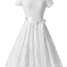 2020 Women White Lace Streetwear Short Sleeve Retro Prom Dress With A bow tie
