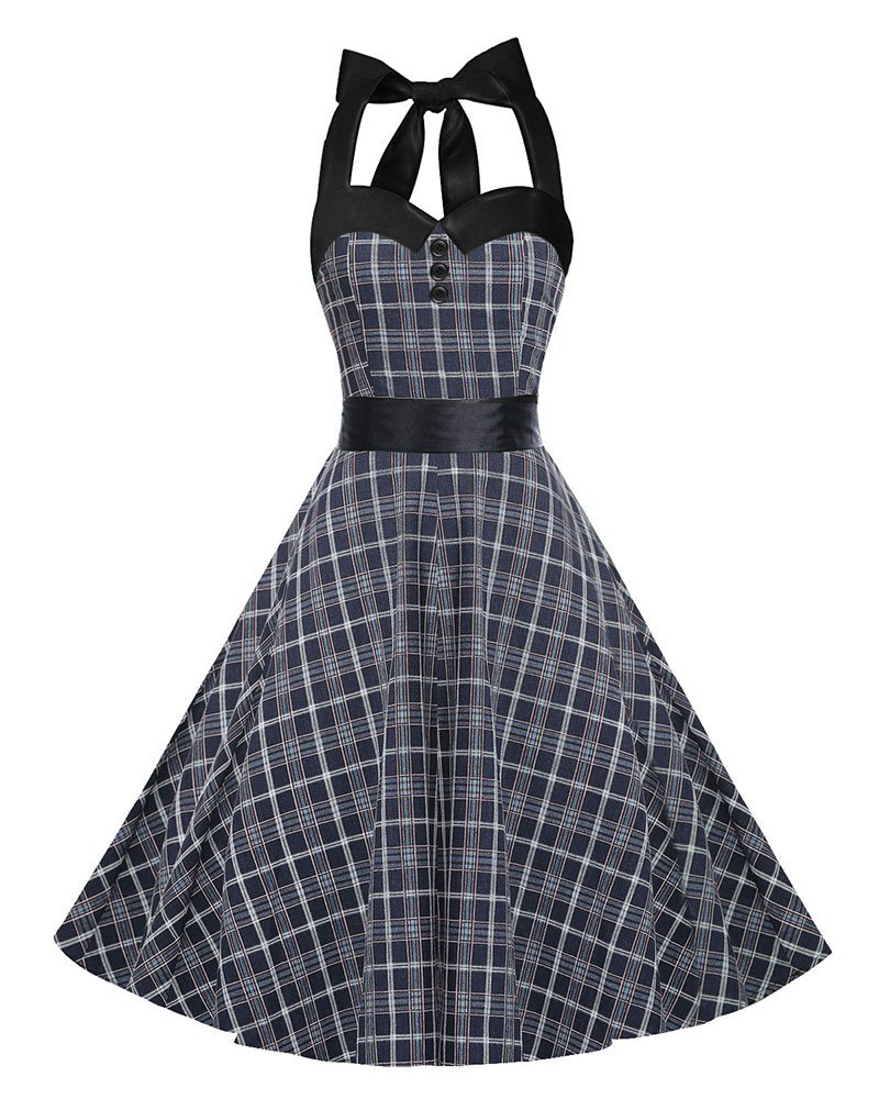 European Women Checked Print Retro Skirt Chic Lady Vintage Dresses