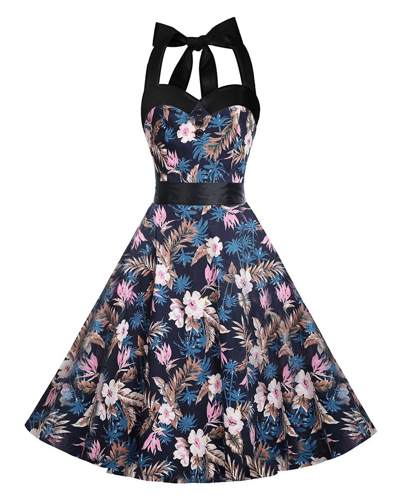 Women Retro Dress With Patterns Design Of Pink Flower Print Midi Dresses