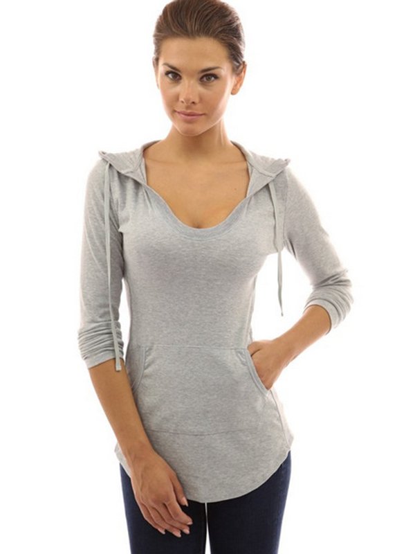 Grey O-neck Long Sleeve Woman Hoodies WX10347A