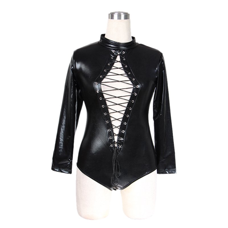 Long Sleeve Black Latex Faux Leather Bodysuit Zentai Catsuit Fetish Wear W850842 8421