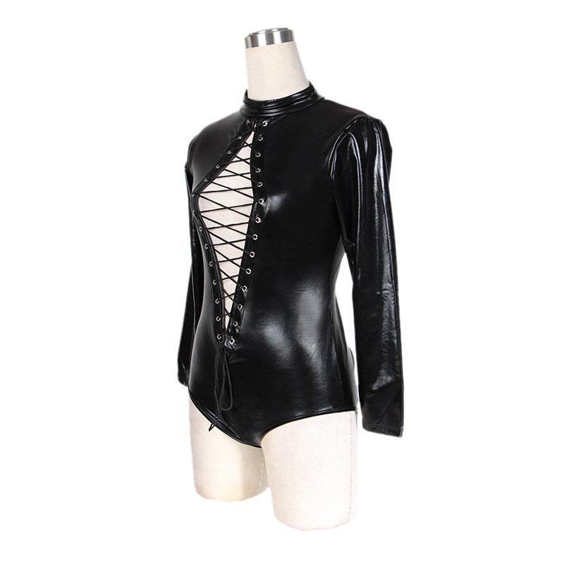 Long Sleeve Black Latex Faux Leather Bodysuit Zentai Catsuit Fetish ...