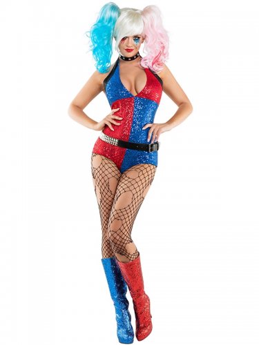 Sexy Sequin Harley Quinn Bodysuit Halloween America Movie Costume Anime Movie Playsuit