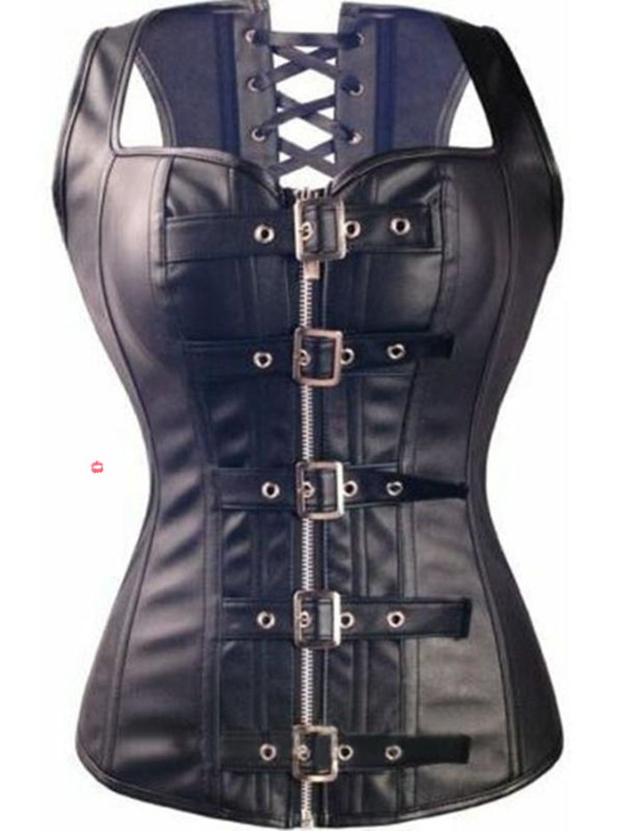 Women's Faux Leather Novelty Spiral Steel Bone Steampunk Gothic Vest Overbust Buckle Corset W31036