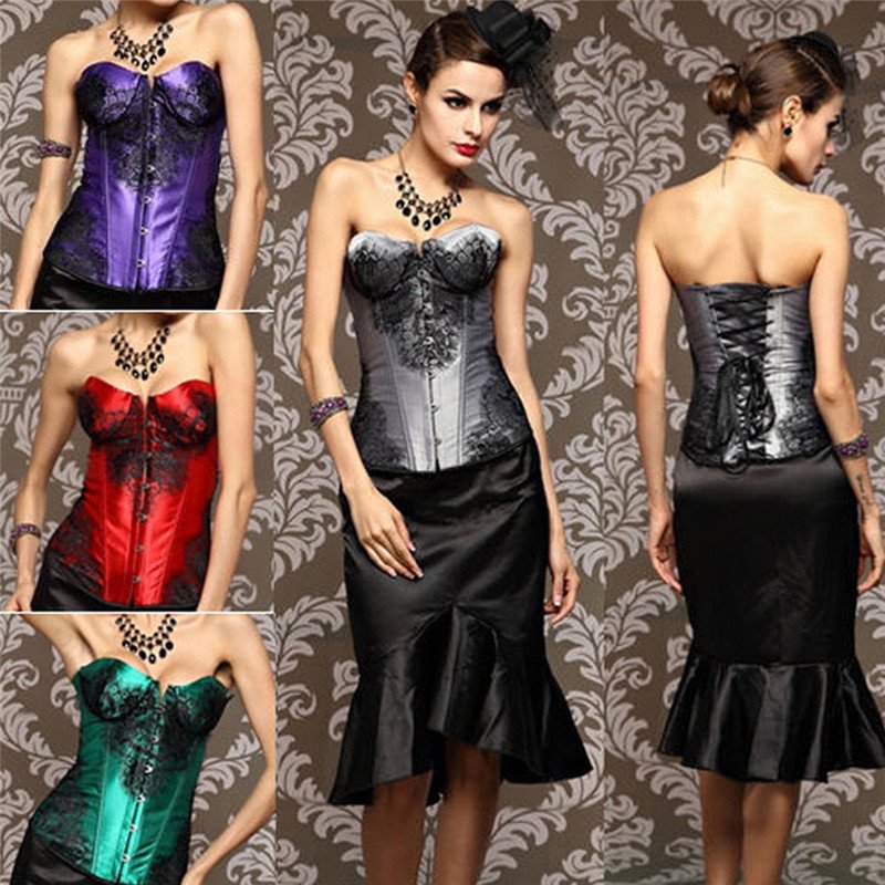 Sexy Women's Satin Over Bust S-XL Plus Size Waist Training Corsets Bustier Top Corselet+ G-string