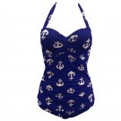 60s Retro Vintage Anchor Printing One Piece Ladies Blue Monokini Swimwear