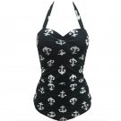 60s Retro Black Swimwear Vintage Anchor Printing One Piece Ladies Monokini Swimsuit