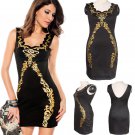 Gold Foil Print Party Dress Summer Rockabilly Mini Dress Scoop Neck Sexy Clubwear
