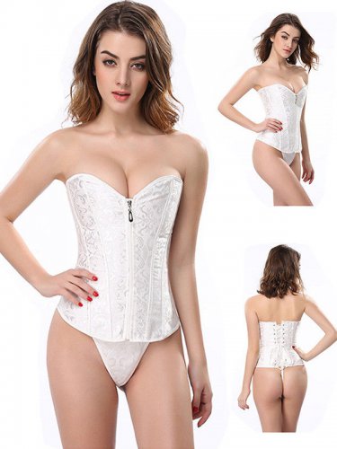 White Bride Corset Bustier Tops Front Zipper Overbust Lingerie Shaper