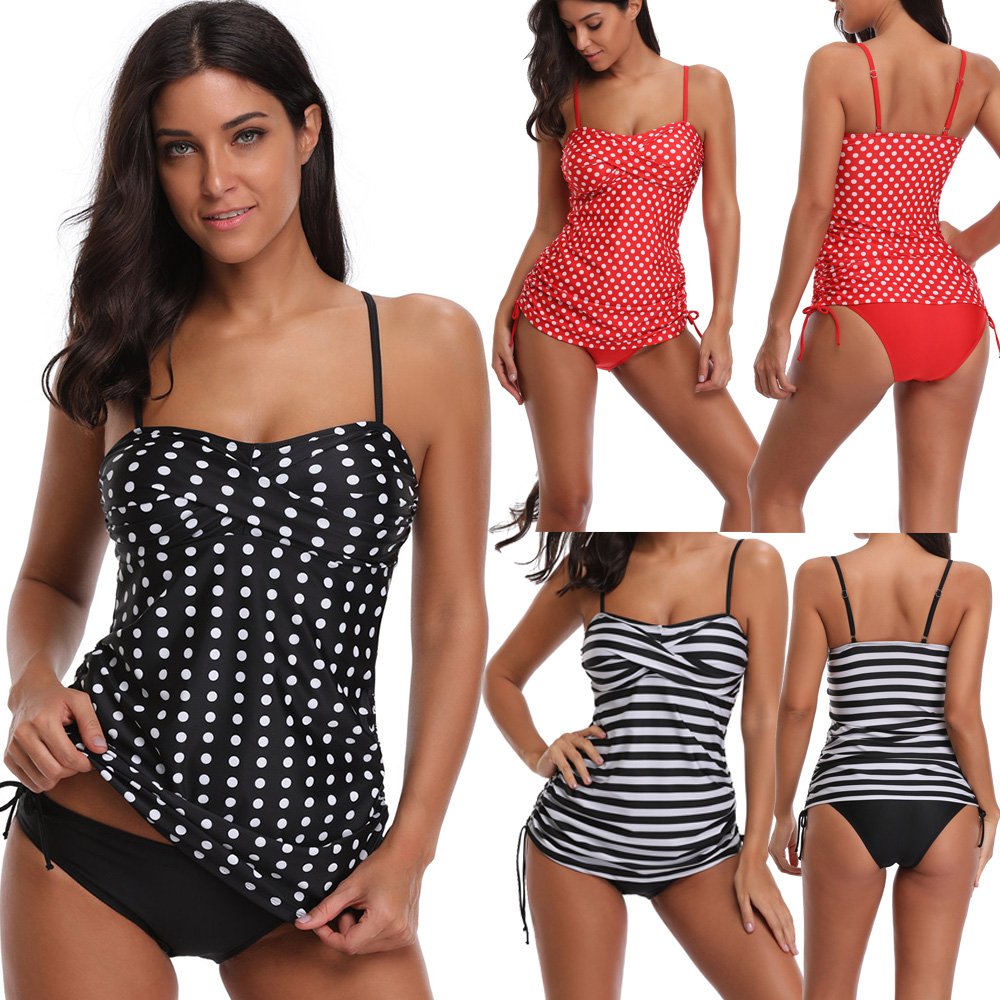 Women's Tankini Black Polka Dot Swimwear Spaghetti Strap Swimsuit Padded Bathing Suit