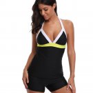 Solid Color Block Tankini Beachwear Halter Sport Bathing Suit Backless Swimwear with Boyshorts