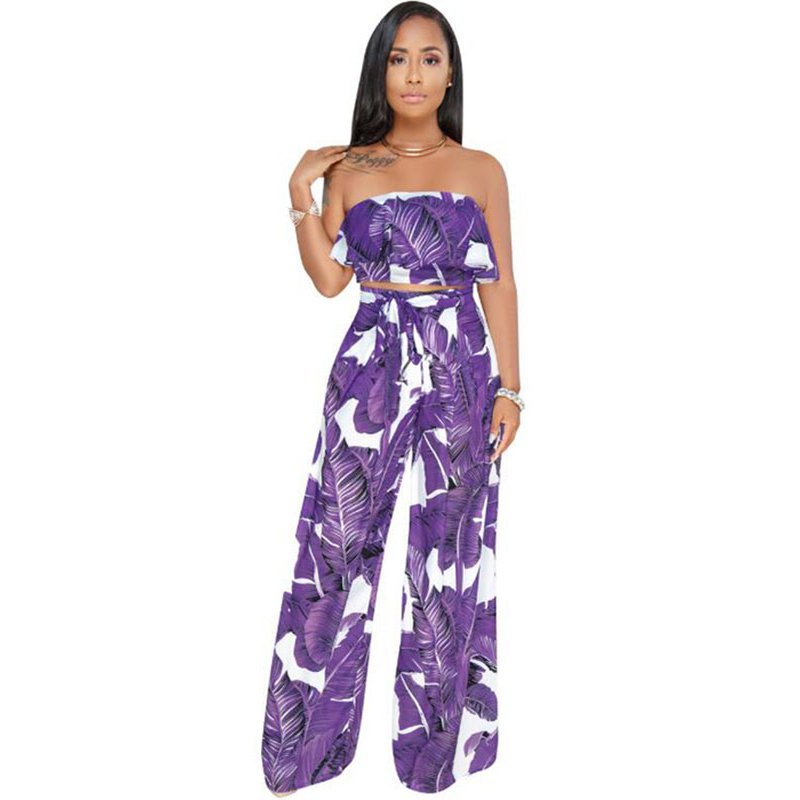 Women Floral Printing Romper Ruffle Summer Jumpsuit Off-shoulder Tops with Pants