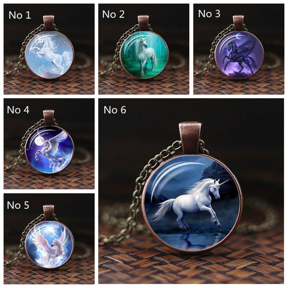 White Unicorn Horse Pendant Souvenir Alloy Chain Necklace Glass Gems Fairytale Girl Christmas Gift