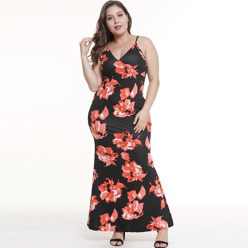 Women Plus Size Casual Dresses Spaghetti Strap Kleid Floral Print Vestido 4XL Female Robe