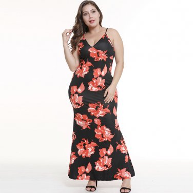 Women Plus Size Casual Dresses Spaghetti Strap Kleid Floral Print Vestido 4XL Female Robe