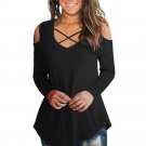 Women's Criss Cross Autumn T Shirts Cold Shoulder Blouse Full Sleeve Fall Chemisier Casual Blusa