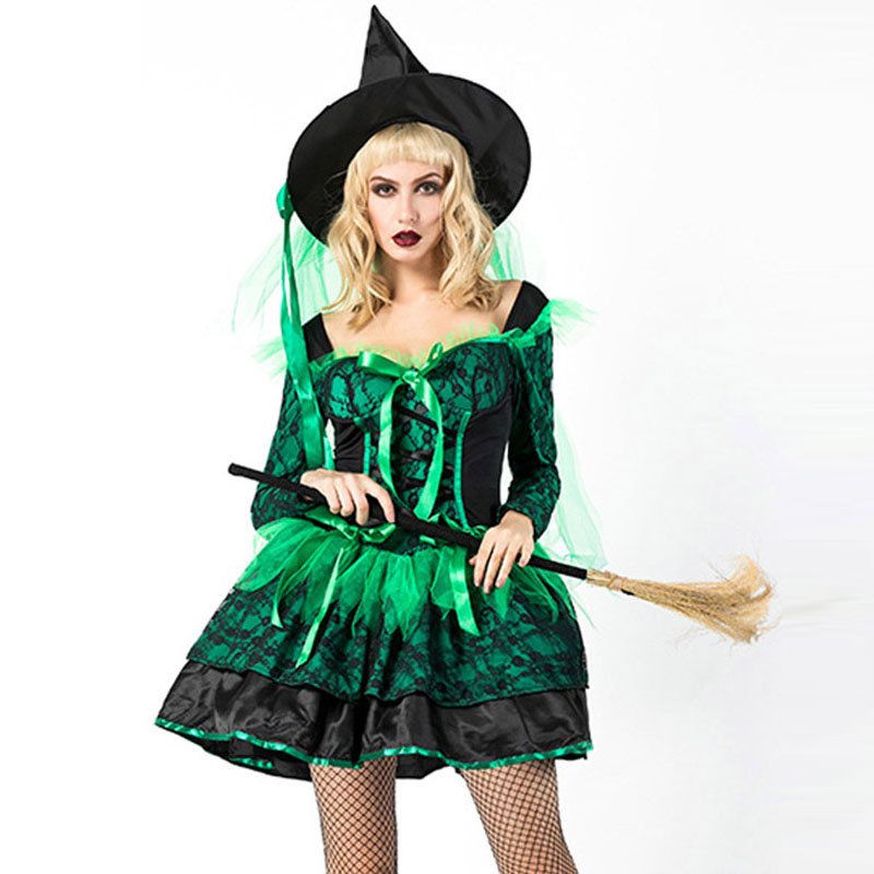 Green Sorcerer Fancy Dress Halloween Cosplay Uniform Female Witch Costume