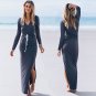 V-neck High Split Maxi Dress Women Autumn Beach Wear Long Sleeve Casual Dresses