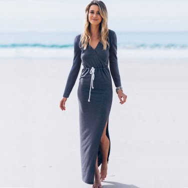 V-neck High Split Maxi Dress Women Autumn Beach Wear Long Sleeve Casual Dresses