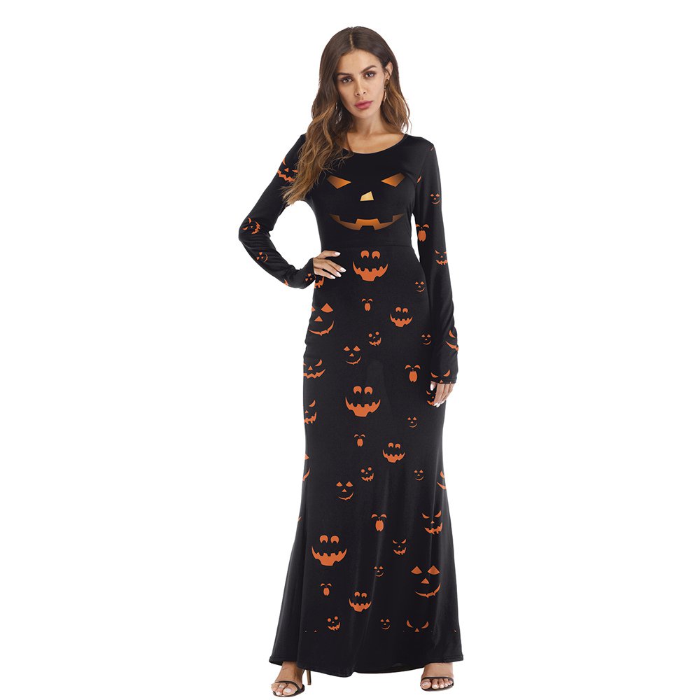 Halloween Pumpkin Lantern Monster Printed Maxi Dress for Women Long Sleeve
