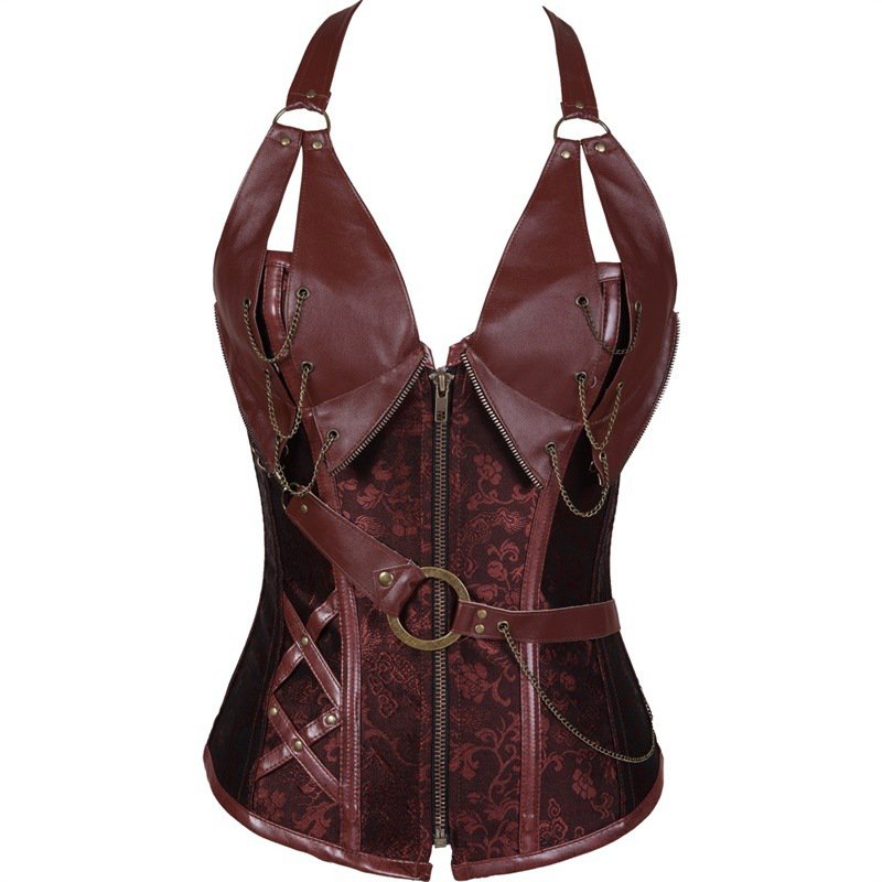 Plus Size Brown Palace 14 Steel Bone Punk Leather Corset with Belt Halter Bustier