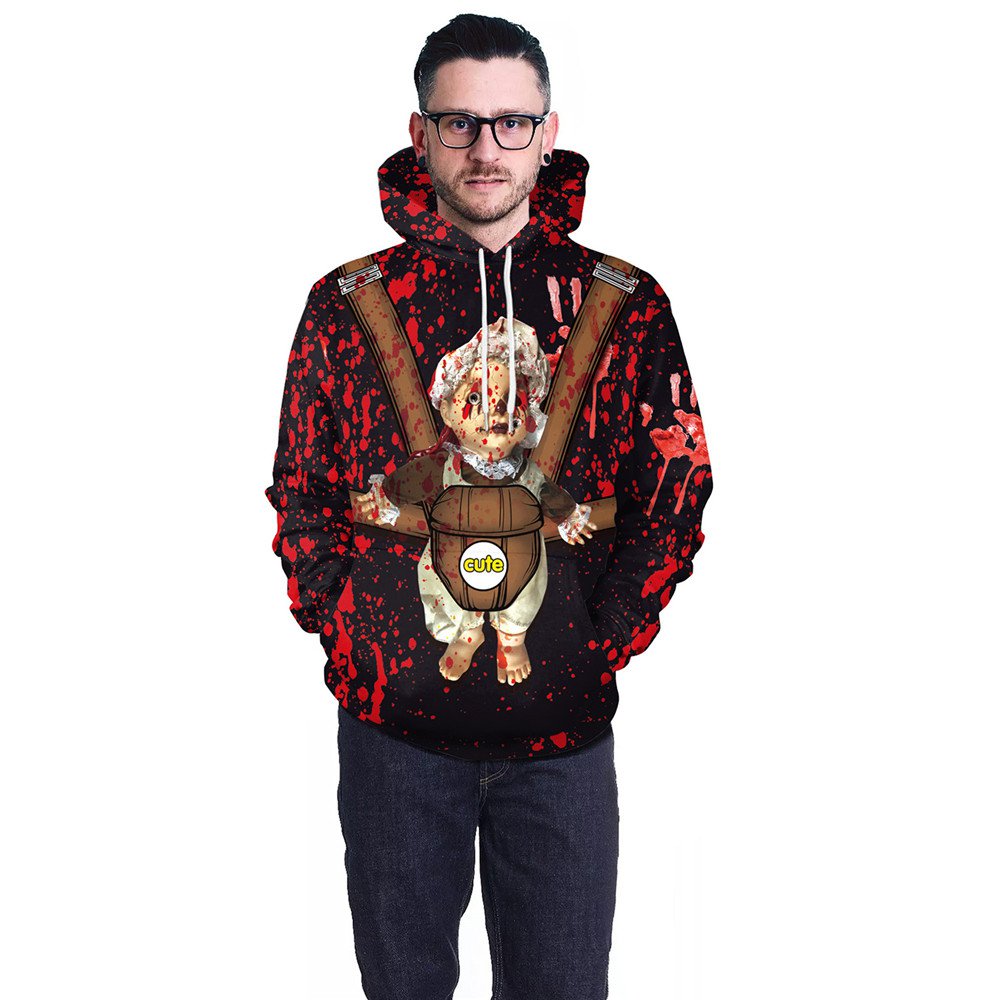 Men Halloween Horror Bloodstain Doll Print Sweater Chic Hoodies For Male